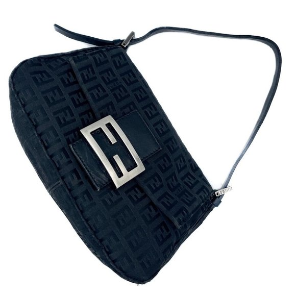 Fendi Handbags - Fendi Zucchino Monogram Logo Baguette Mini Shoulder Bag Black Silver Hardware